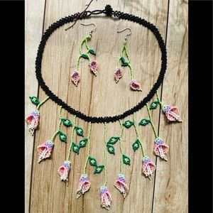 Native Cora Artisan Beaded Necklace/Earring Set